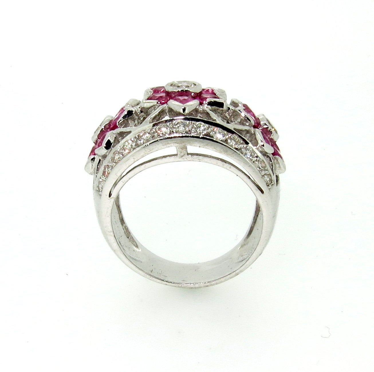 Pink Sapphire Gemstone & Diamond "Flowers" Cocktail Ring, Bombé Ring