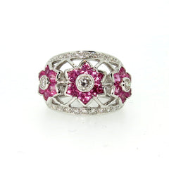 Pink Sapphire Gemstone & Diamond "Flowers" Cocktail Ring, Bombé Ring