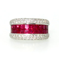 Wide Band Ruby Gemstone & Diamond Wedding Band/Engagement Ring, Anniversary Ring, Cocktail Ring