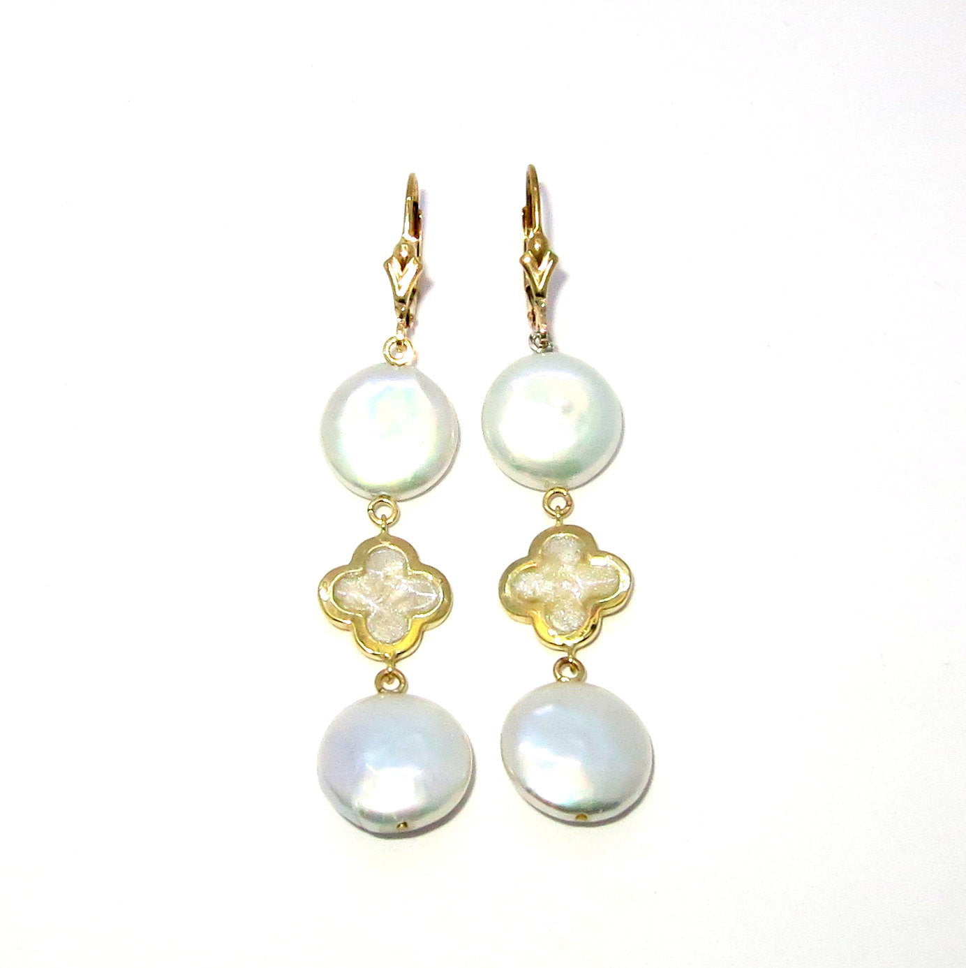 Pearl Drop Earrings With Enamel Clovers