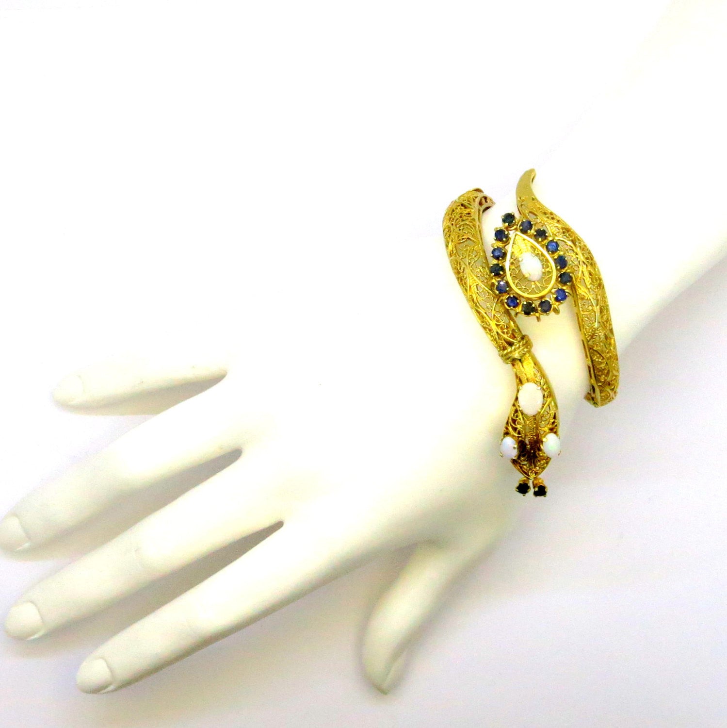 Vintage Snake Bangle Bracelet, Opal & Sapphire 14K Gold, Unique Filigree Design