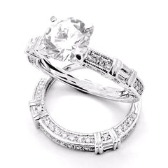Moissanite Engagement Ring Wedding Set, Unique Art Deco Style With 1.25 Carat Forever Brilliant Moissanite & 1 Carat Diamonds - FB73109