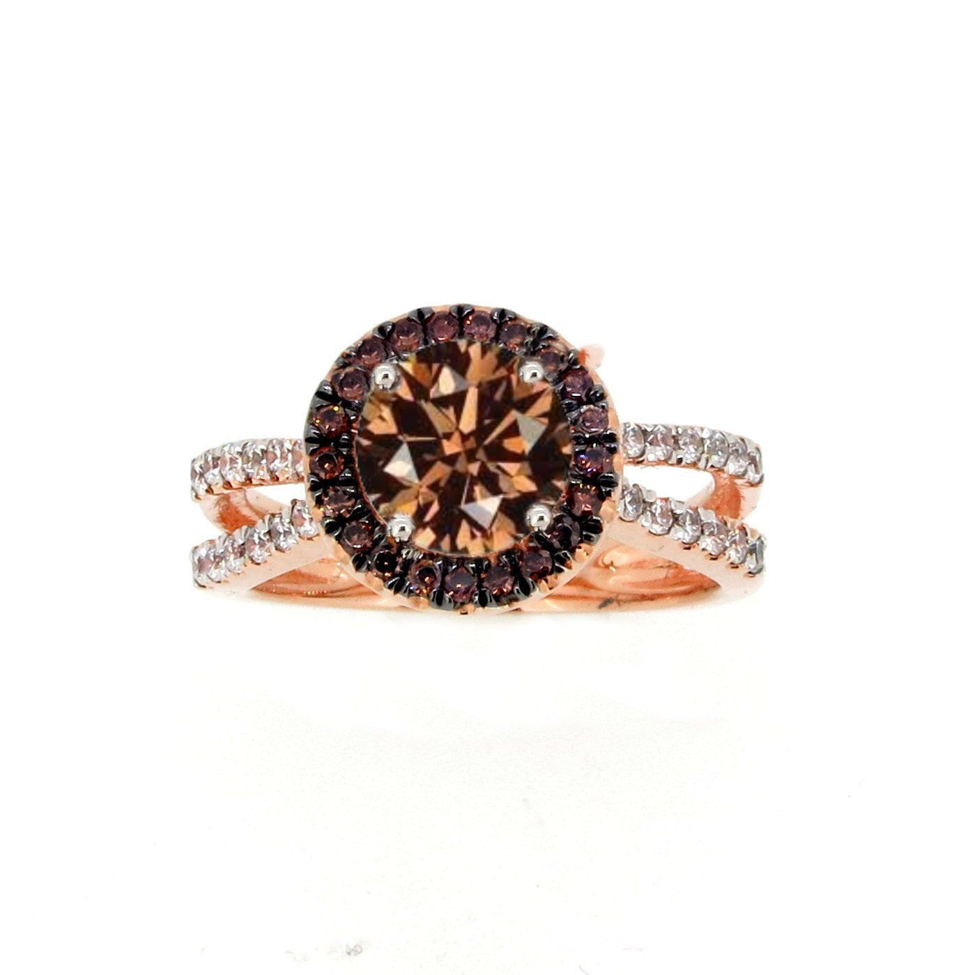 1 Carat Brown Diamond Floating Halo Rose Gold, White & Brown Diamond Engagement Ring, Split Shank, Anniversary Ring - BD94656