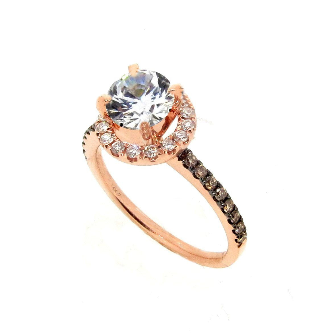 1 Carat Forever One Moissanite & .32 Carat Diamonds Halo Ring, Fancy Brown Diamonds Accent Stones, Rose Gold, Unique Engagement Ring - FB94639A
