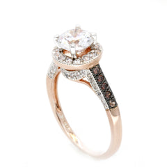 Moissanite Engagement Ring, Unique 1 Carat Floating Halo Rose Gold, White & Fancy Color Brown Diamonds, Forever Brilliant Moissanite. - FB94613