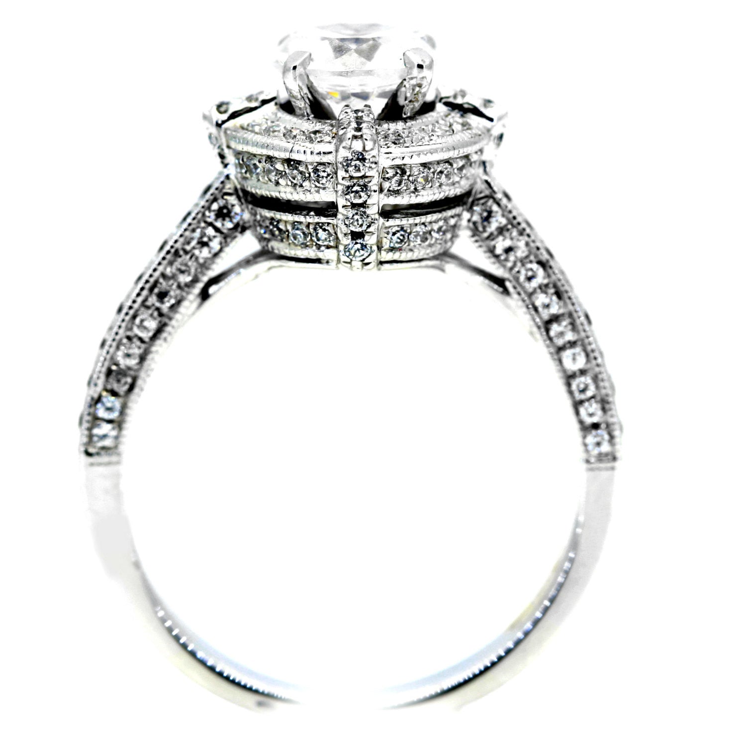 1 Carat Forever Brilliant Moissanite & 1.0 Carat Diamonds Unique Floating Halo Engagement Ring, Anniversary Ring, Art Deco - FB85035