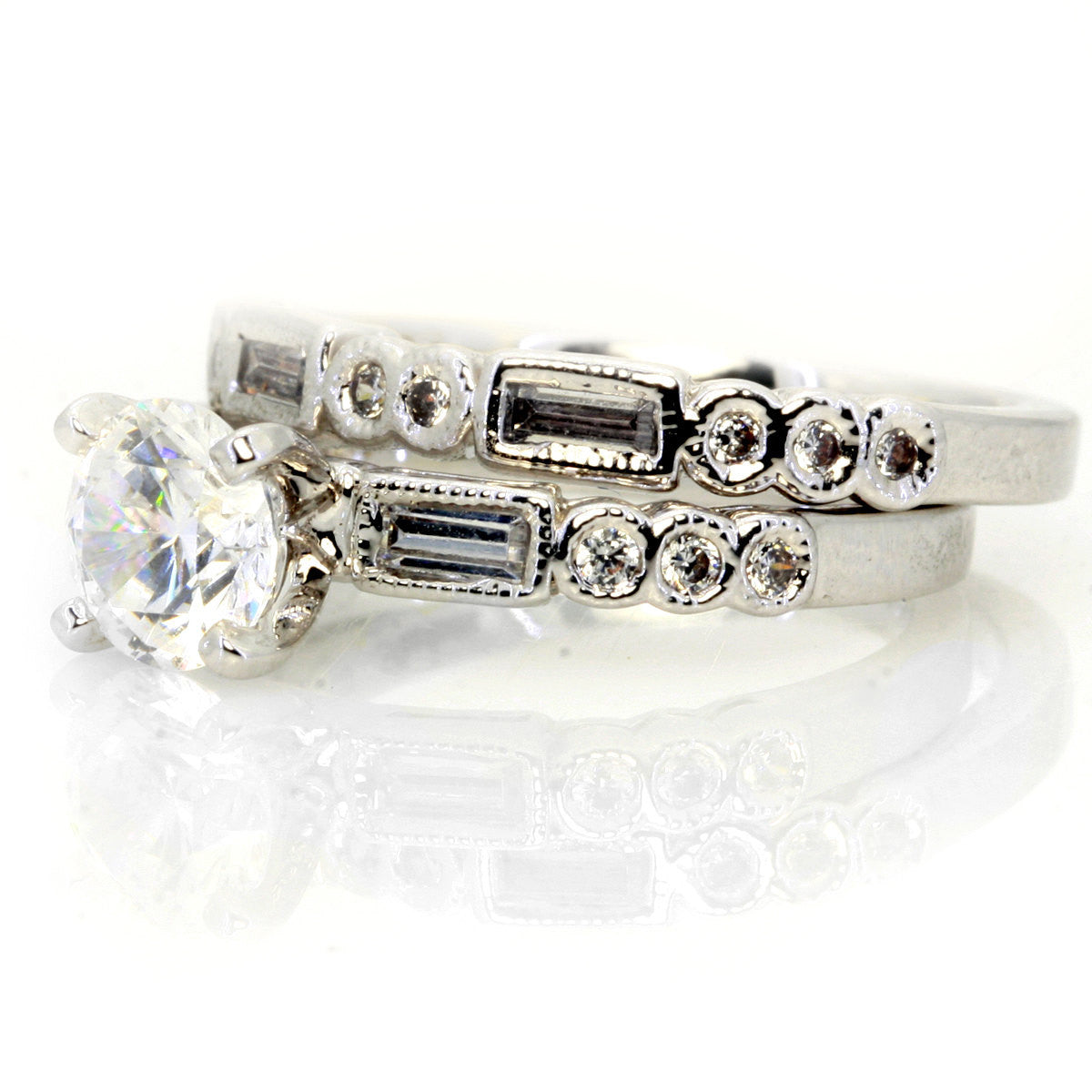 Moissanite Engagement Ring Wedding Set, Unique Art Deco Style With 1 Carat Forever Brilliant Moissanite & 1 Carat Diamonds - FB73080