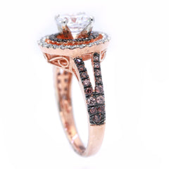 Floating Halo Rose Gold, White & Fancy Color Brown Diamonds, 1 Carat Forever Brilliant Moissanite Engagement Ring, Anniversary Ring - FB94612