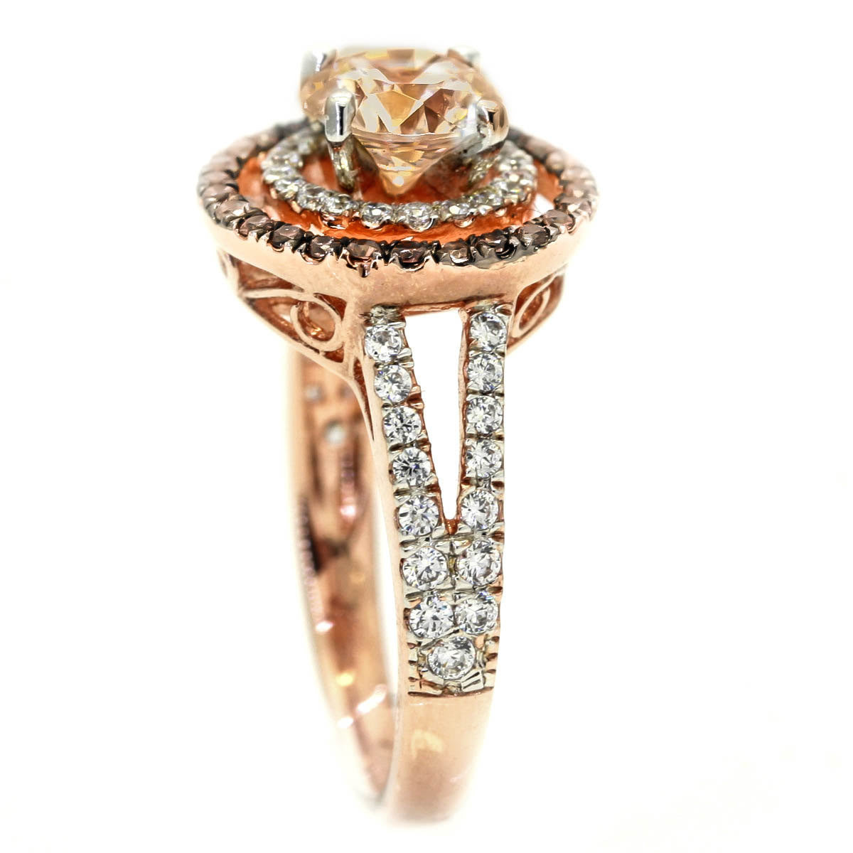 Double Halo Rose Gold, 6.5 mm Morganite Engagement Ring With .62 Carat Of White & Brown Diamonds, Split Shank - MG94640