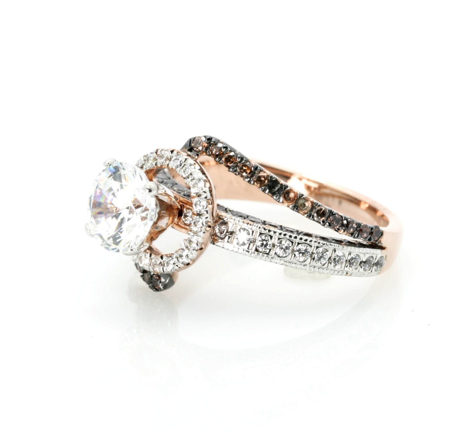 Unique Halo Rose Gold Diamond, 1 Carat Forever Brilliant Moissanite, Brown Diamonds Engagement Ring, Anniversary Ring - FB94649