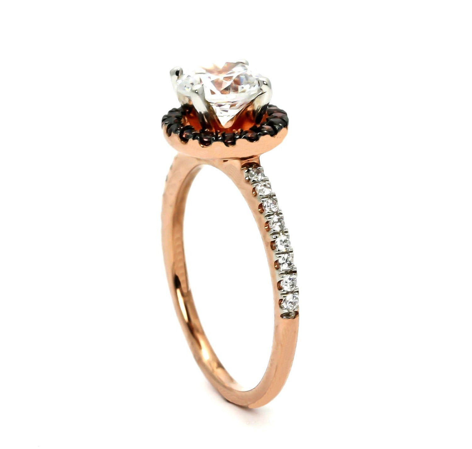 Fancy Brown Diamond Halo, White Diamond Accent Stones, Rose Gold, Semi Mount For 1 Carat Stone Engagement Ring, Anniversary Ring - 94639