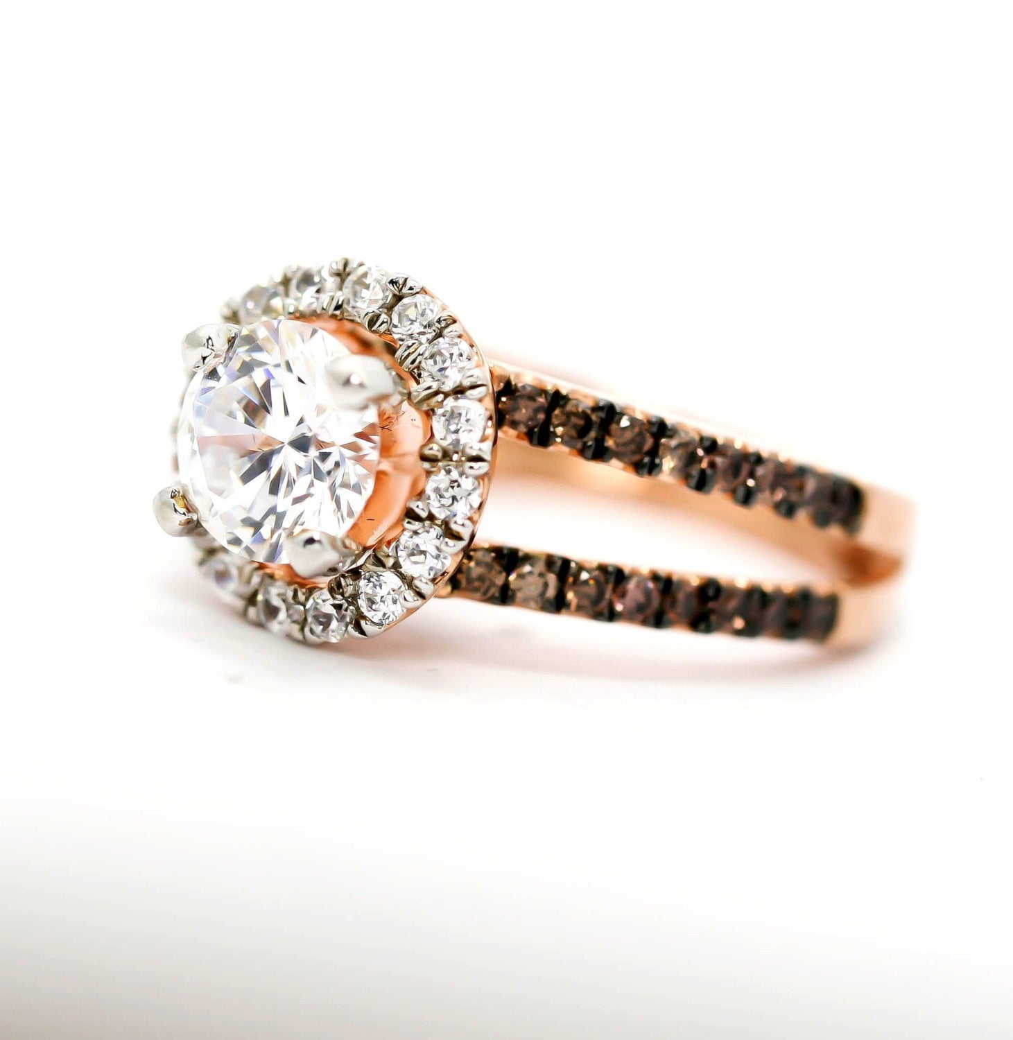 Floating Halo Rose Gold, 1.25 Carat Forever Brilliant Moissanite Engagement Ring With 1.02 Carats Of White & Brown Diamonds, Anniversary Ring - FB94654