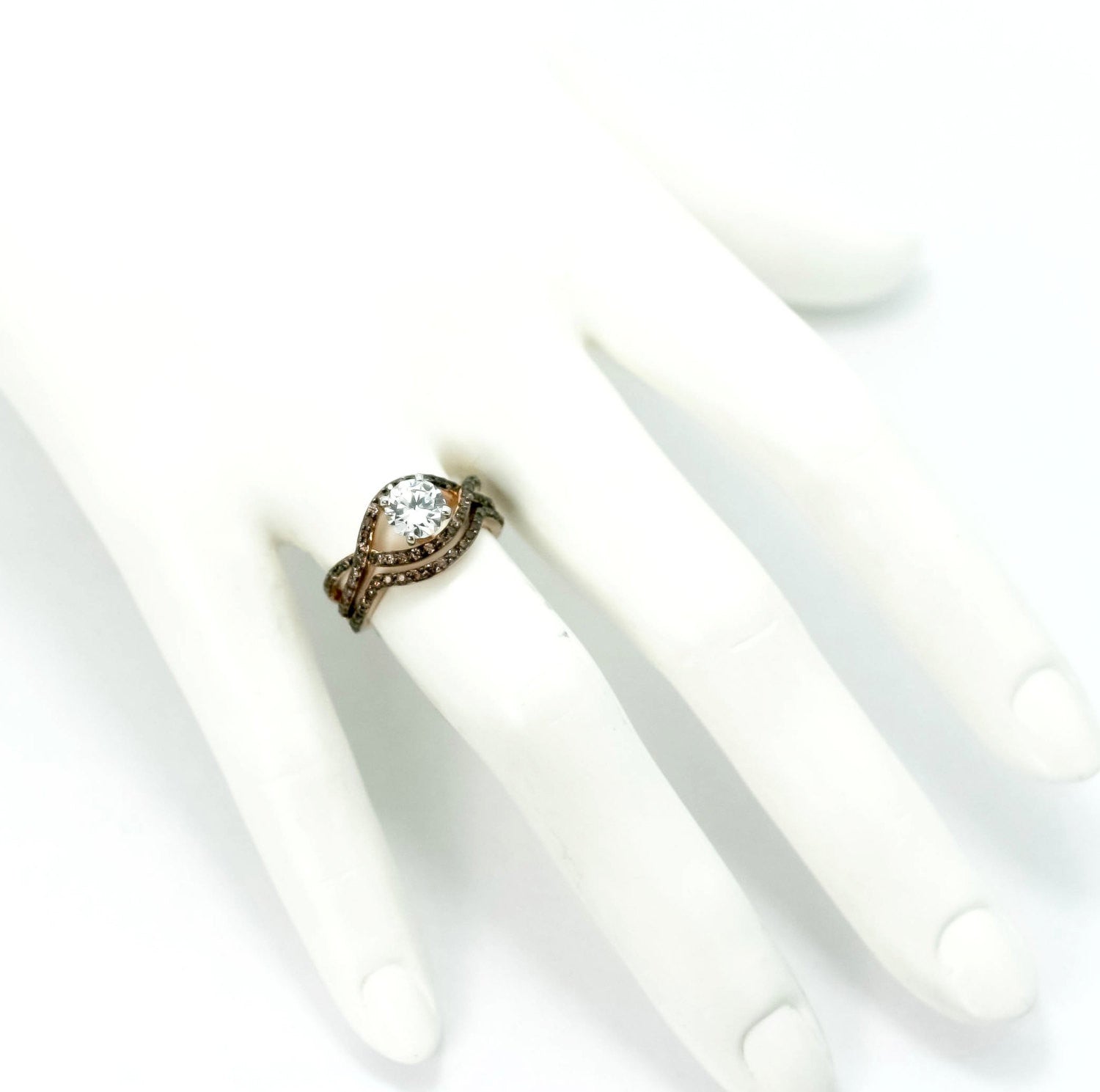 Unique Infinity Ring, Engagement / Wedding Set, Rose Gold, Fancy Color Brown Diamonds, 1 Carat Forever Brilliant Moissanite - FB94615