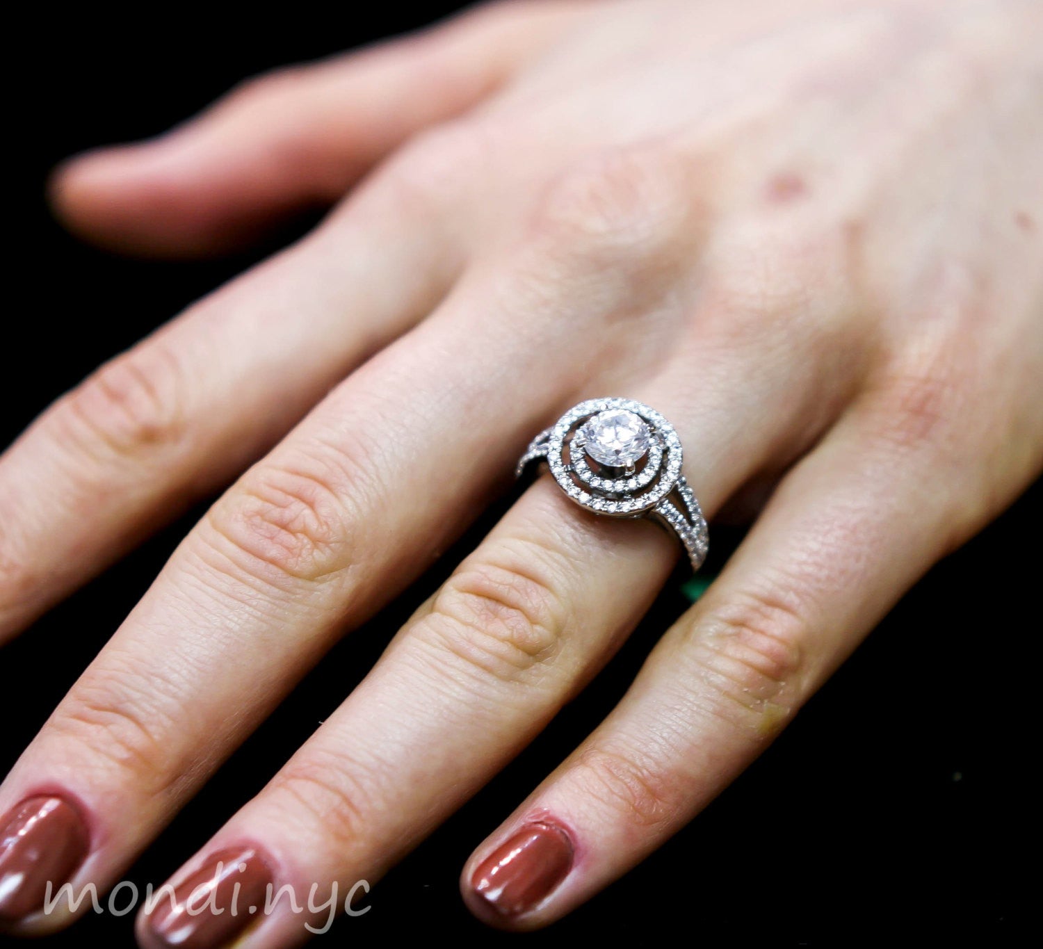 Double Floating Halo 1 Carat Forever Brilliant Moissanite Engagement Ring, .60 Carats Diamonds, Split Shank - FB85033