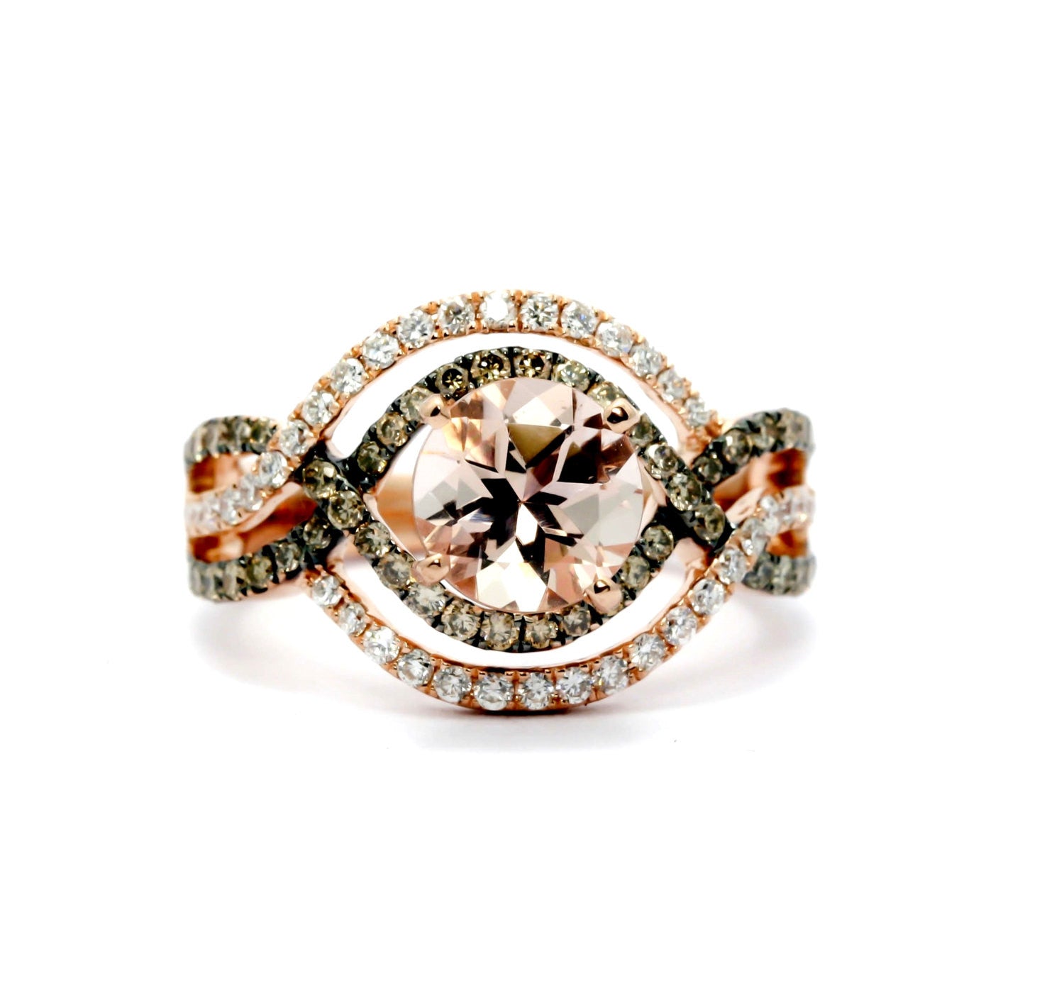 Unique Morganite Halo Infinity Rose Gold, White & Brown Diamonds Engagement Ring, Anniversary Ring With 1 Carat Morganite - MG94616