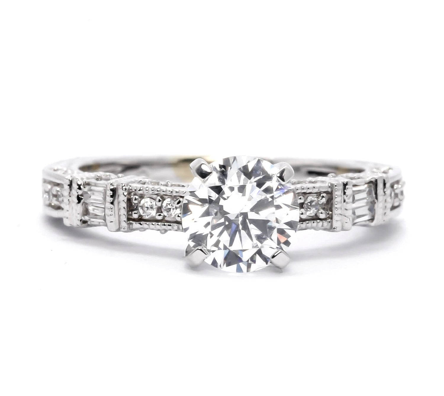 Moissanite Engagement Ring Wedding Set, Unique Art Deco Style With 1.25 Carat Forever Brilliant Moissanite & 1 Carat Diamonds - FB73109