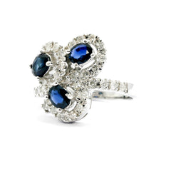 SALE! Vintage Look Blue Sapphire & Diamond Cocktail Ring, Triple Blue Sapphire Gemstone, 18K Gold
