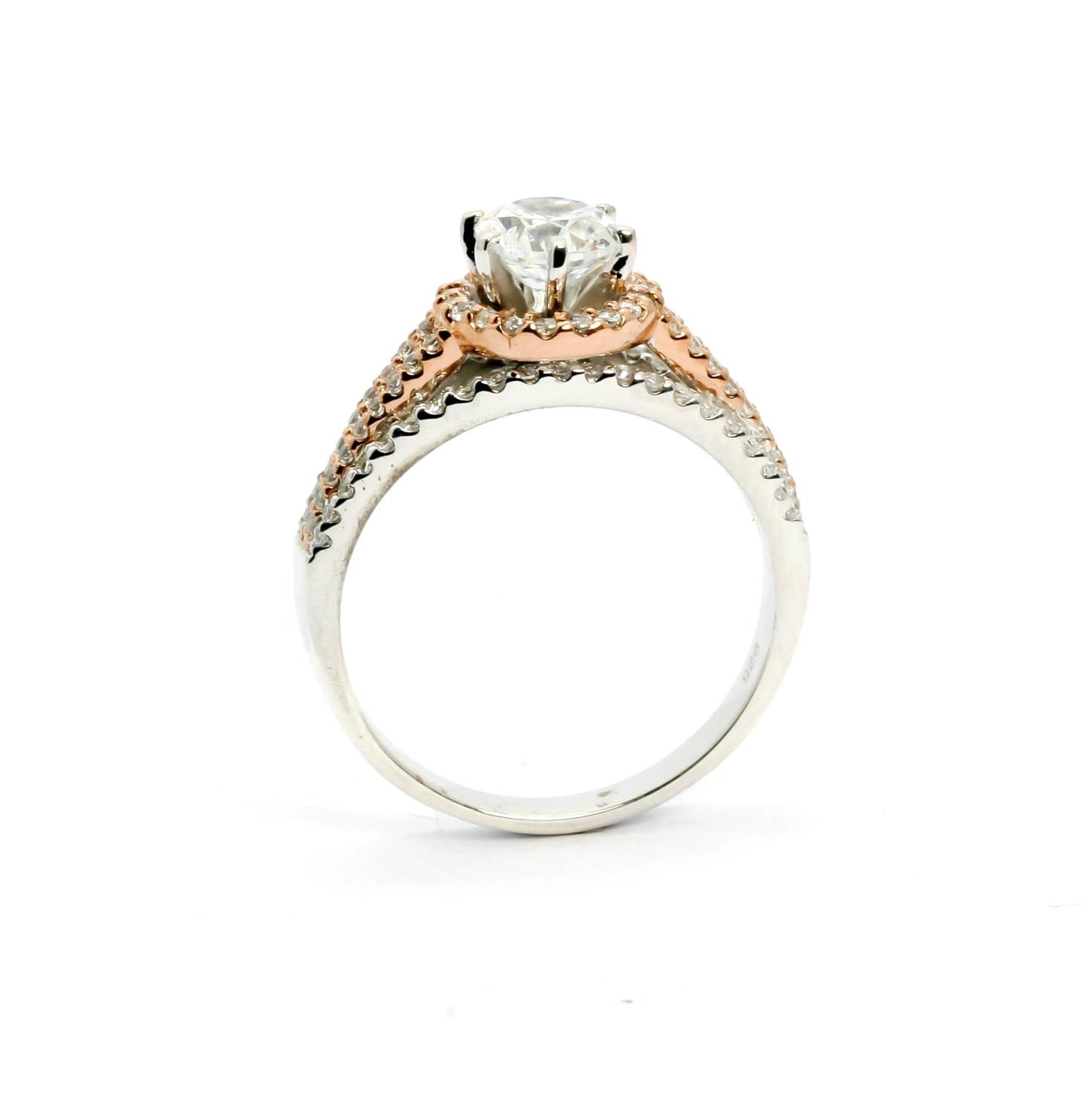 Floating Halo White & Rose Gold, 4 Shanks Engagement Ring With 6.5 mm Forever Brilliant Moissanite, Anniversary Ring - FBY11545