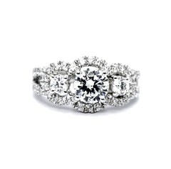 3 Stone Halo Engagement Ring, Unique 1 Carat Forever Brilliant Moissanite, With 1.30 Carat Of Diamonds, Split Shank Anniversary Ring - FBY11610