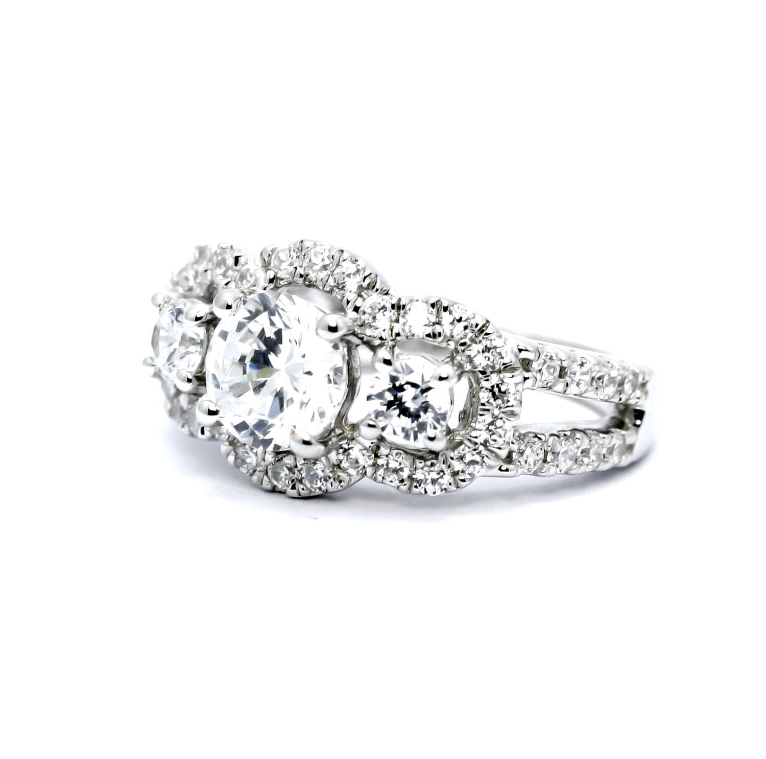 3 Stone Halo Diamond Engagement Ring, Unique 1 Carat Diamond, + 1.30 Carats Of Accent Diamonds, Split Shank Anniversary Ring - WDY11610