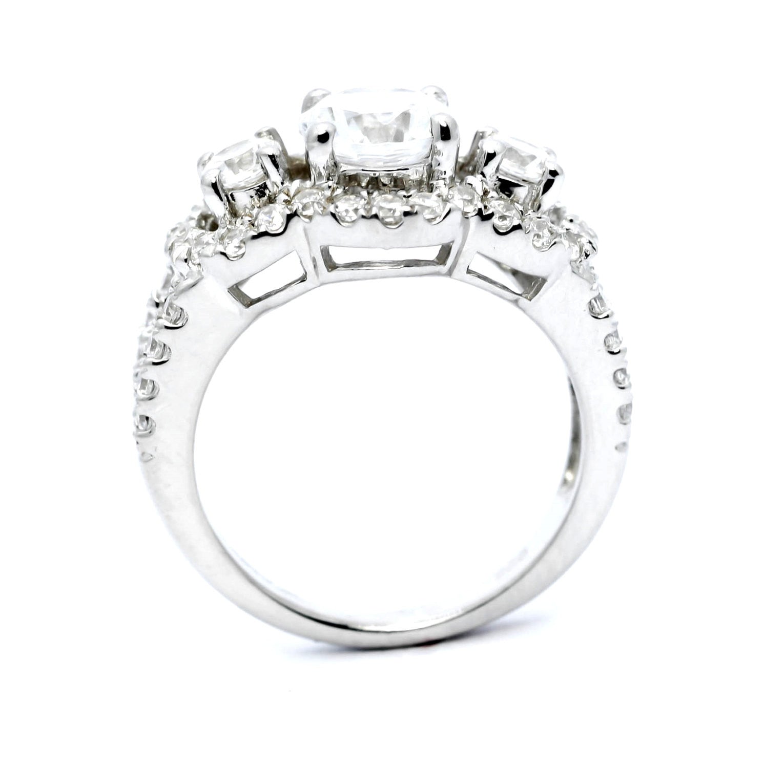 3 Stone Halo Diamond Engagement Ring, Unique 1 Carat Diamond, + 1.30 Carats Of Accent Diamonds, Split Shank Anniversary Ring - WDY11610