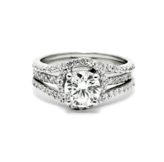 Unique Halo And Split Shank Design, Diamond Engagement/Wedding Set, With 7 mm "Forever Brilliant" Moissanite Anniversary Ring - FBY11580