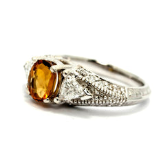 Art Deco Look Citrine Gemstone Engagement Ring, Unique With 2 Trillion Diamonds, Cocktail Ring, Anniversary Ring