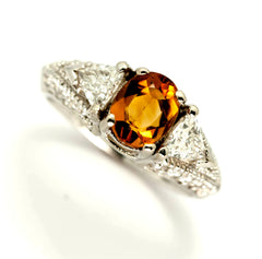 Art Deco Look Citrine Gemstone Engagement Ring, Unique With 2 Trillion Diamonds, Cocktail Ring, Anniversary Ring