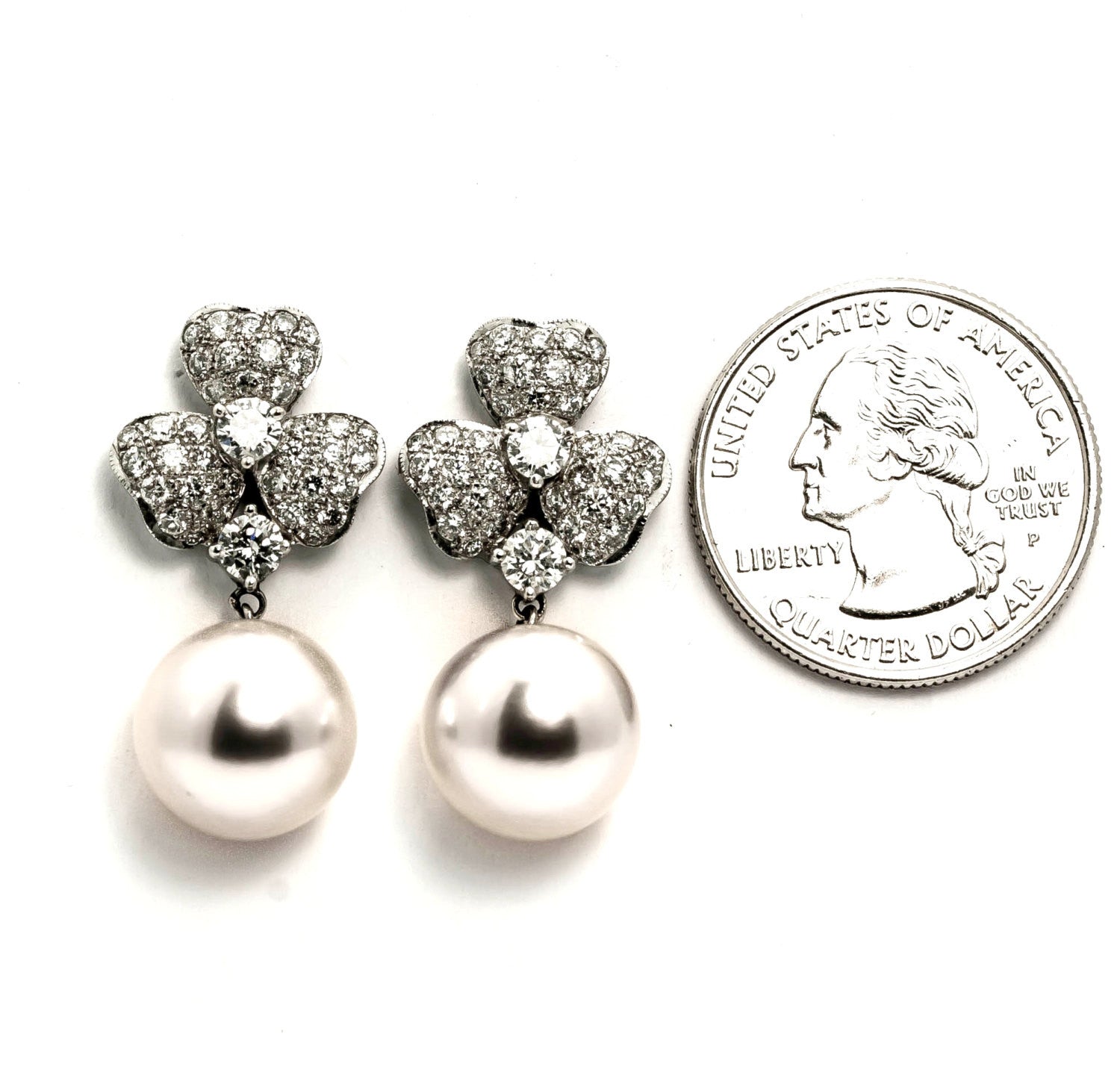 South Sea Pearls & Diamonds Earrings, Flower Earrings.