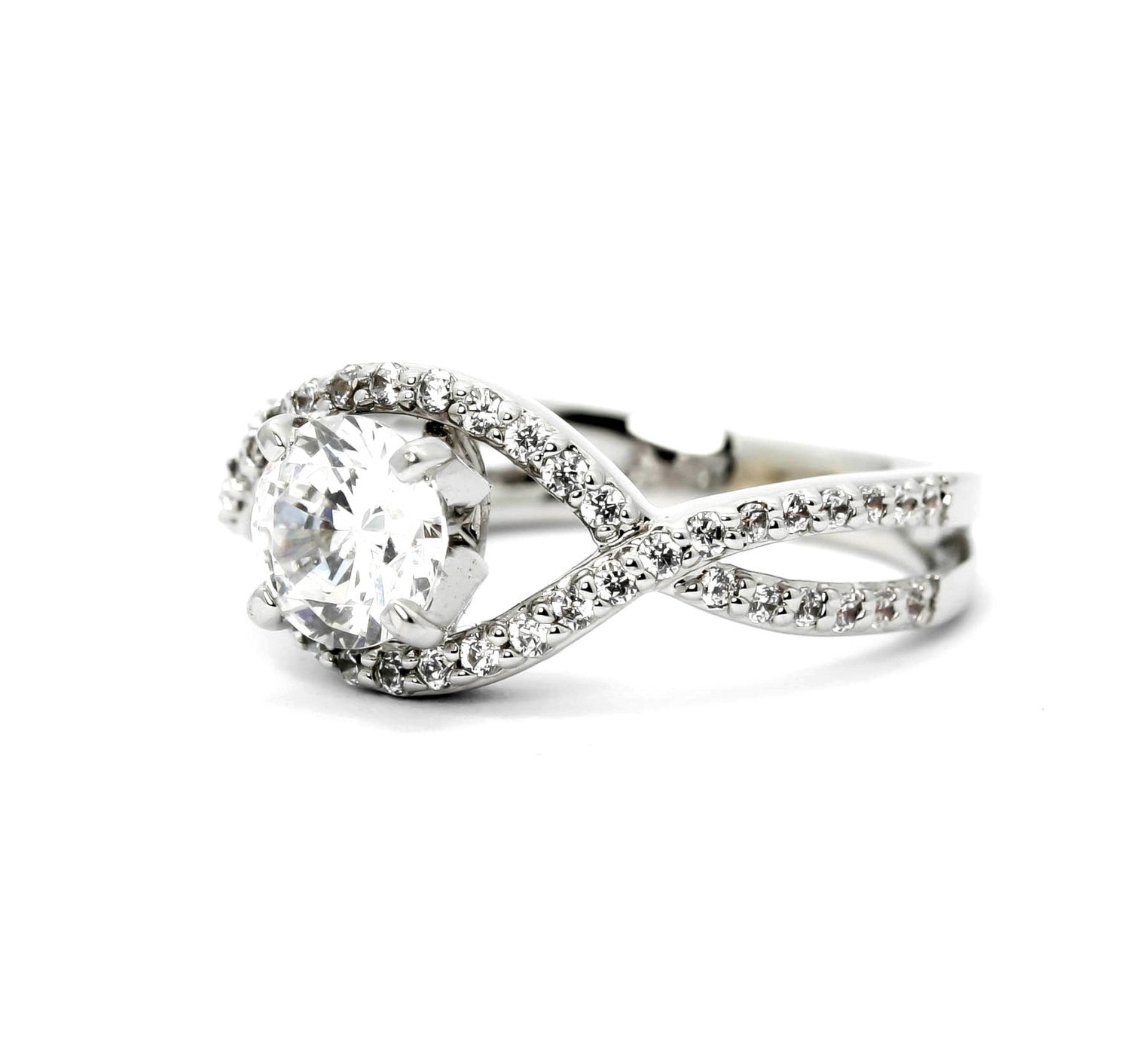 Engagement Ring/Wedding Ring, Unique Infinity Style With .75 Carat Diamonds, Split Shank 1 Carat Forever Brilliant Moissanite Center Stone - FB85040