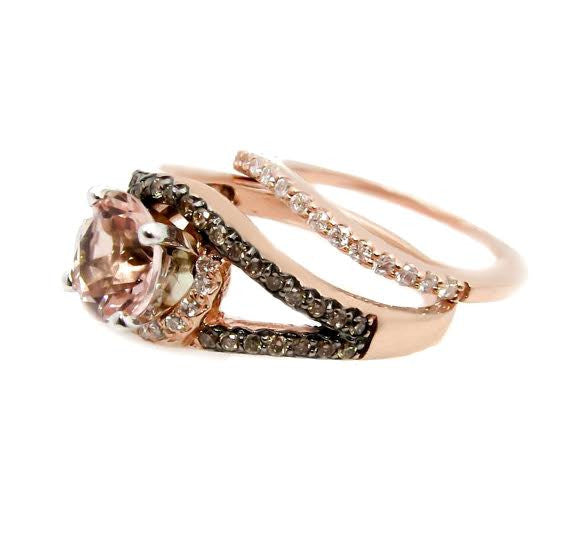 1 Carat Morganite Floating Halo Rose Gold Engagement And Wedding Set With .46 Carat White & Fancy Brown Diamonds, Split Shank - MG94648