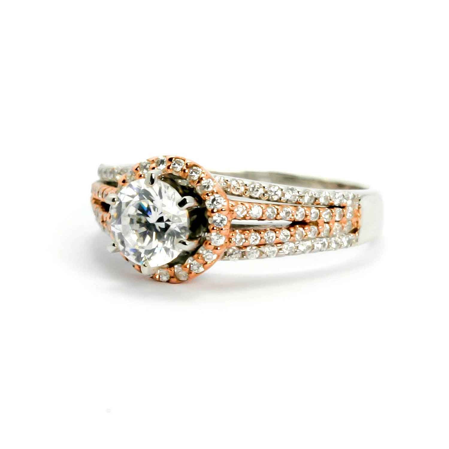 Floating Halo White & Rose Gold, 4 Shanks Engagement Ring With 6.5 mm Forever Brilliant Moissanite, Anniversary Ring - FBY11545